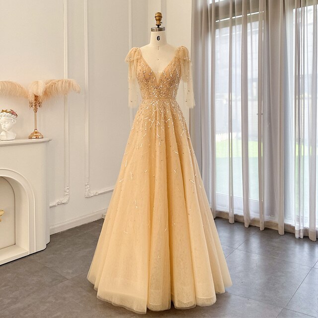 Sexy V-Neck Luxury Dubai Silver Gray Evening Dress for Women Wedding Party Elegant Long Formal Prom Dresses SS097