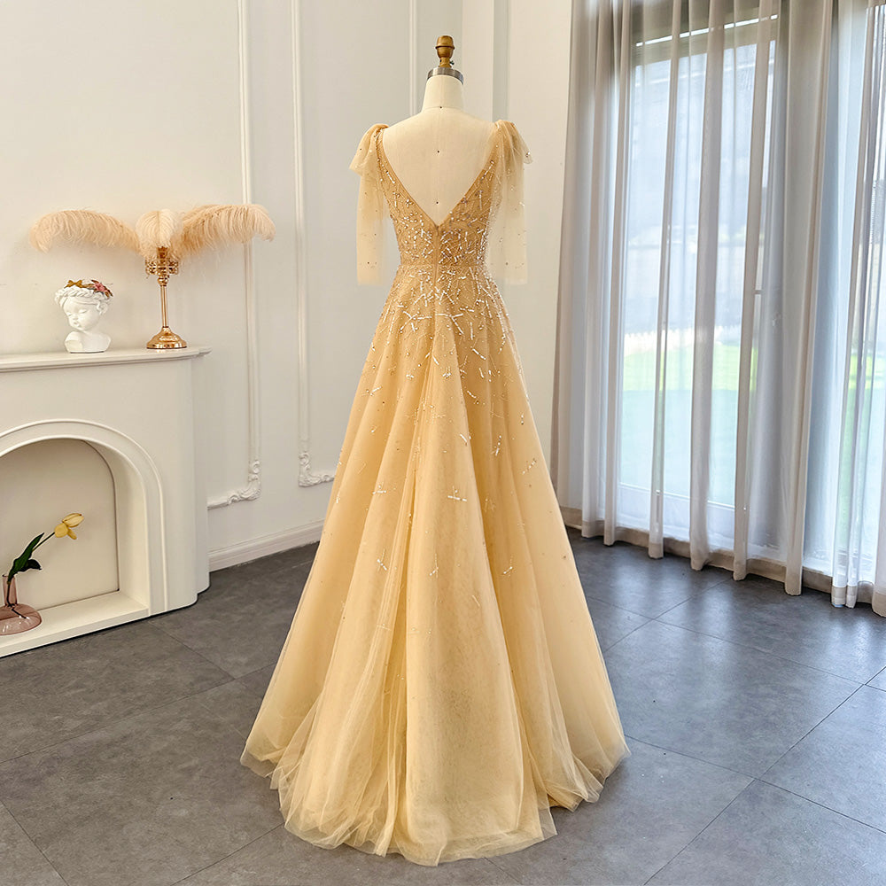 Sexy V-Neck Luxury Dubai Silver Gray Evening Dress for Women Wedding Party Elegant Long Formal Prom Dresses SS097