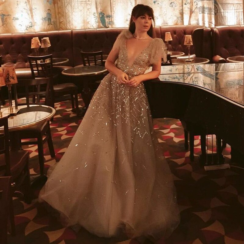 Sexy V-Neck Luxury Dubai Silver Gray Evening Dress for Women Wedding Party Elegant Long Formal Prom Dresses SS097