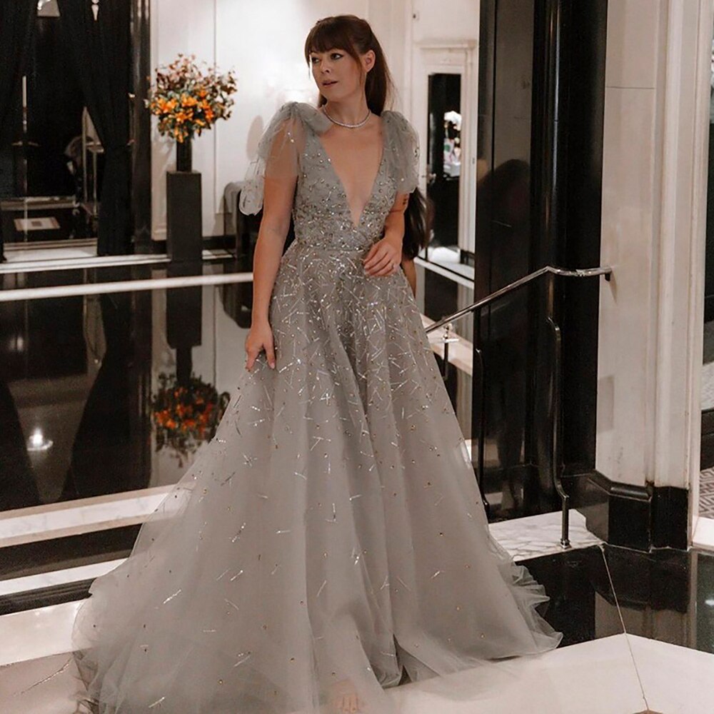 Sexy V-Neck Luxury Dubai Silver Gray Evening Dress for Women Wedding Party Elegant Long Formal Prom Dresses SS097