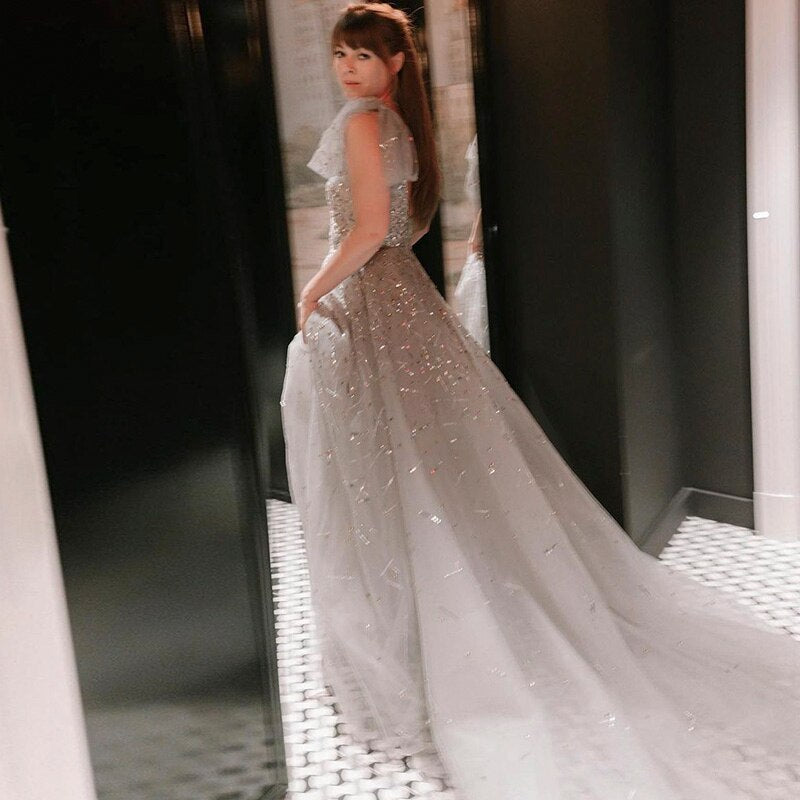 Sexy V-Neck Luxury Dubai Silver Gray Evening Dress for Women Wedding Party Elegant Long Formal Prom Dresses SS097