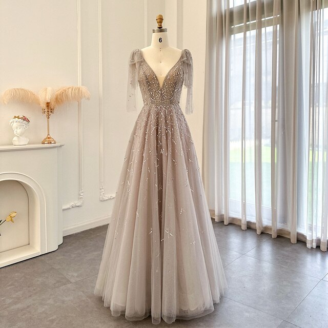 Sexy V-Neck Luxury Dubai Silver Gray Evening Dress for Women Wedding Party Elegant Long Formal Prom Dresses SS097