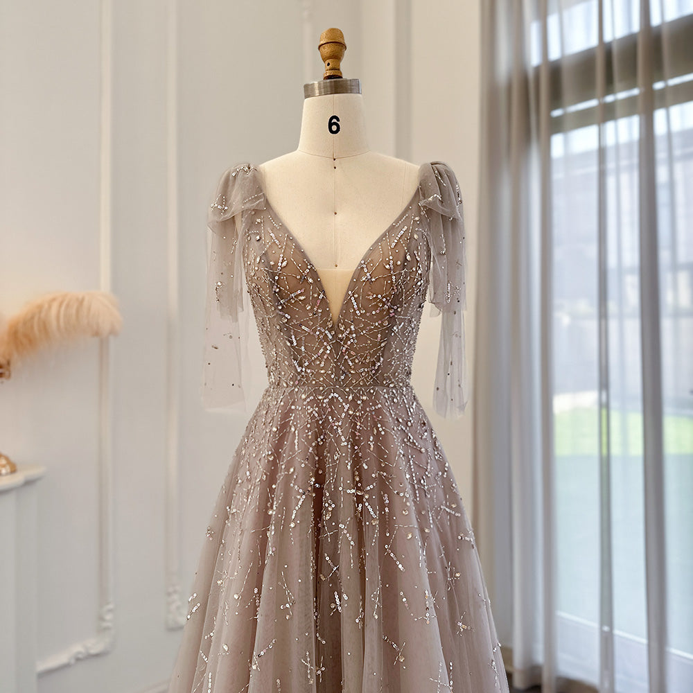 Sexy V-Neck Luxury Dubai Silver Gray Evening Dress for Women Wedding Party Elegant Long Formal Prom Dresses SS097