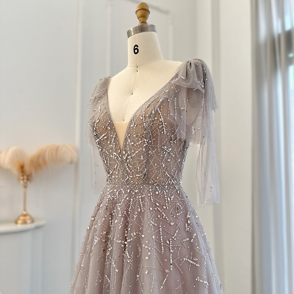 Sexy V-Neck Luxury Dubai Silver Gray Evening Dress for Women Wedding Party Elegant Long Formal Prom Dresses SS097