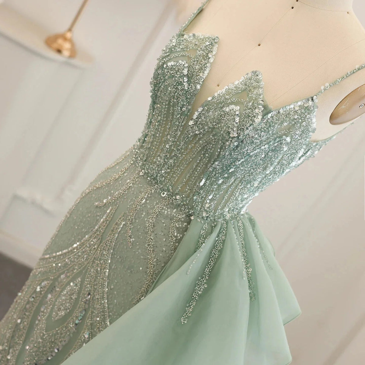 Spaghetti Straps Sage Green Mermaid Evening Dress with Overskirt Side Slit Blue Dubai Women Wedding Party Gown SS216