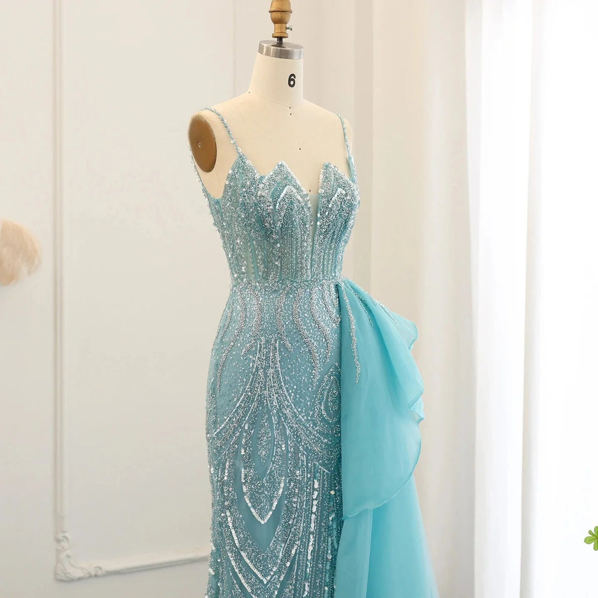 Spaghetti Straps Sage Green Mermaid Evening Dress with Overskirt Side Slit Blue Dubai Women Wedding Party Gown SS216