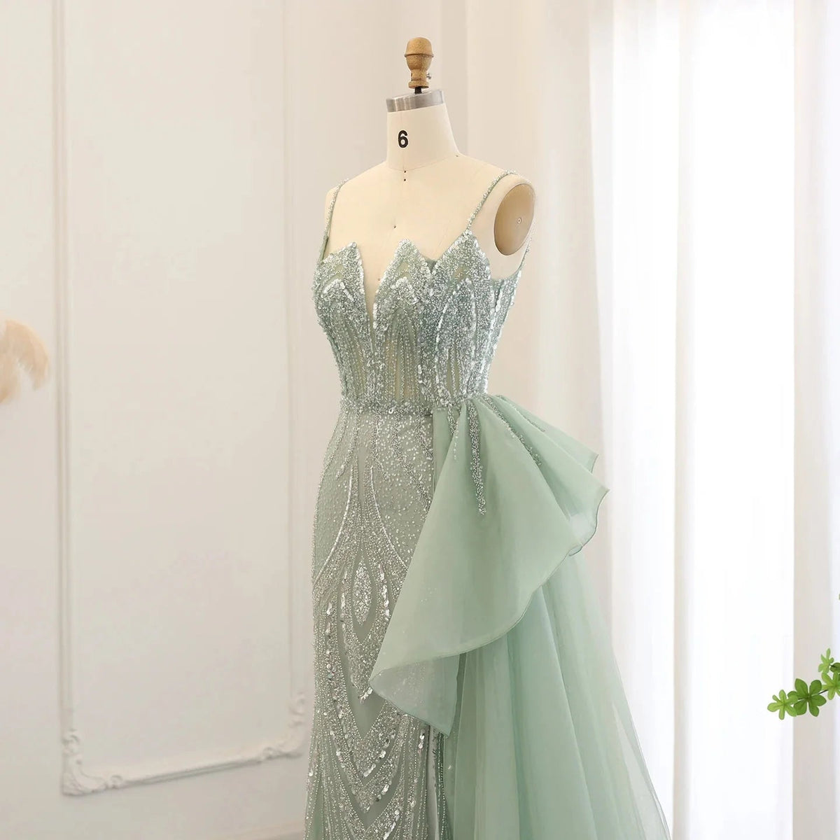 Spaghetti Straps Sage Green Mermaid Evening Dress with Overskirt Side Slit Blue Dubai Women Wedding Party Gown SS216
