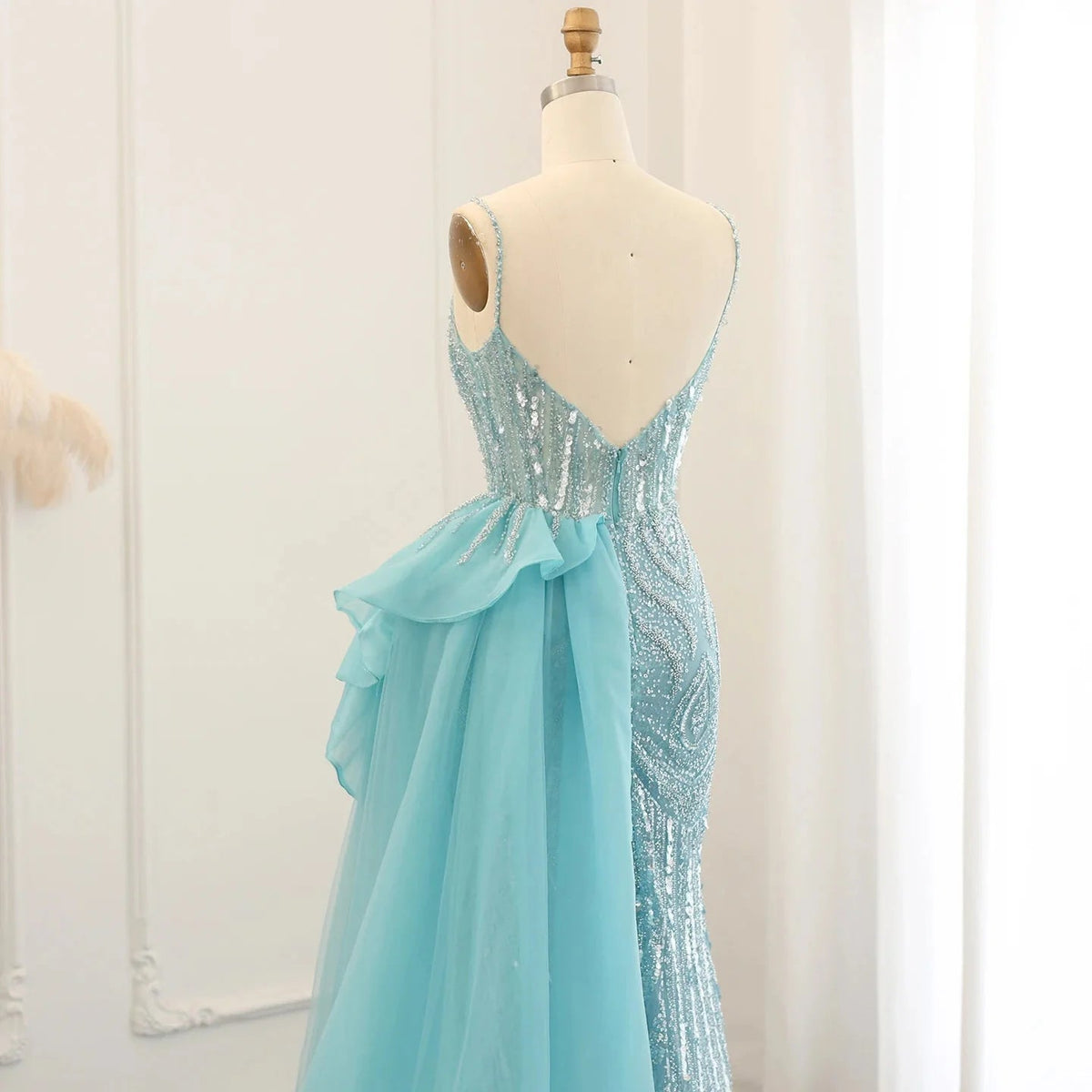 Spaghetti Straps Sage Green Mermaid Evening Dress with Overskirt Side Slit Blue Dubai Women Wedding Party Gown SS216