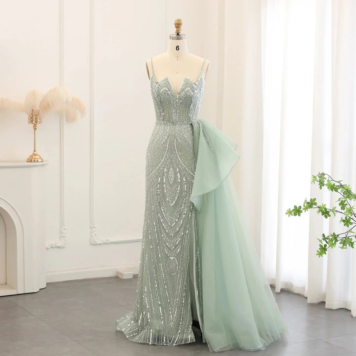 Spaghetti Straps Sage Green Mermaid Evening Dress with Overskirt Side Slit Blue Dubai Women Wedding Party Gown SS216