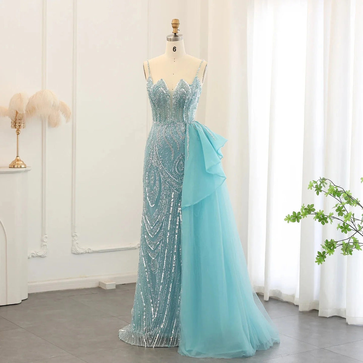 Spaghetti Straps Sage Green Mermaid Evening Dress with Overskirt Side Slit Blue Dubai Women Wedding Party Gown SS216