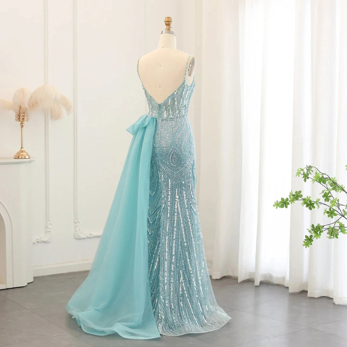 Spaghetti Straps Sage Green Mermaid Evening Dress with Overskirt Side Slit Blue Dubai Women Wedding Party Gown SS216