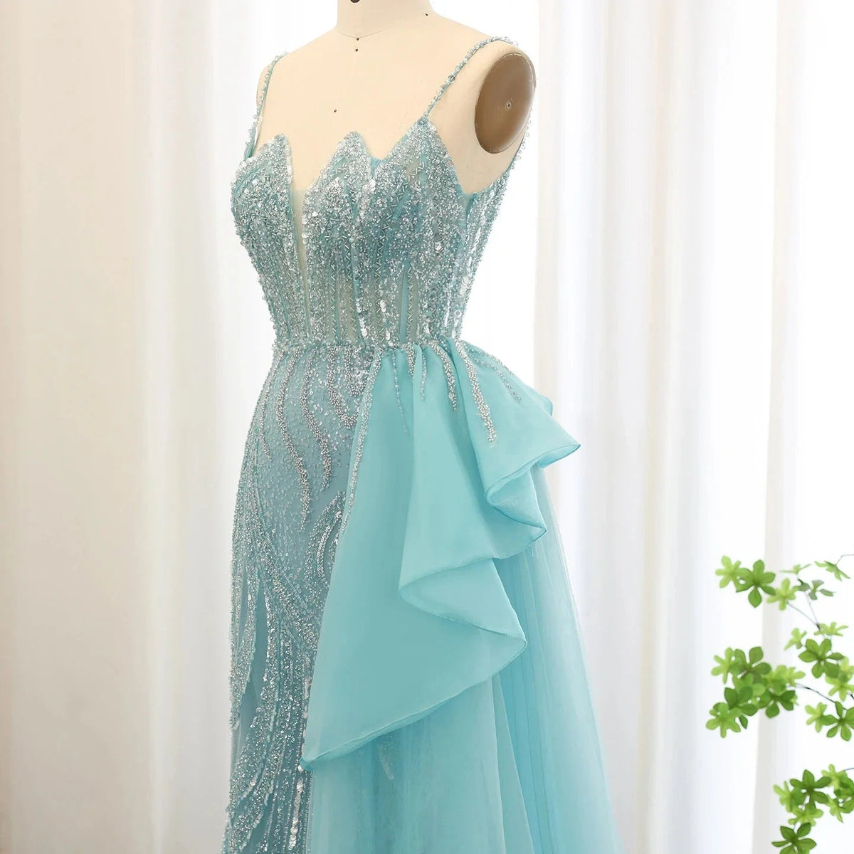 Spaghetti Straps Sage Green Mermaid Evening Dress with Overskirt Side Slit Blue Dubai Women Wedding Party Gown SS216