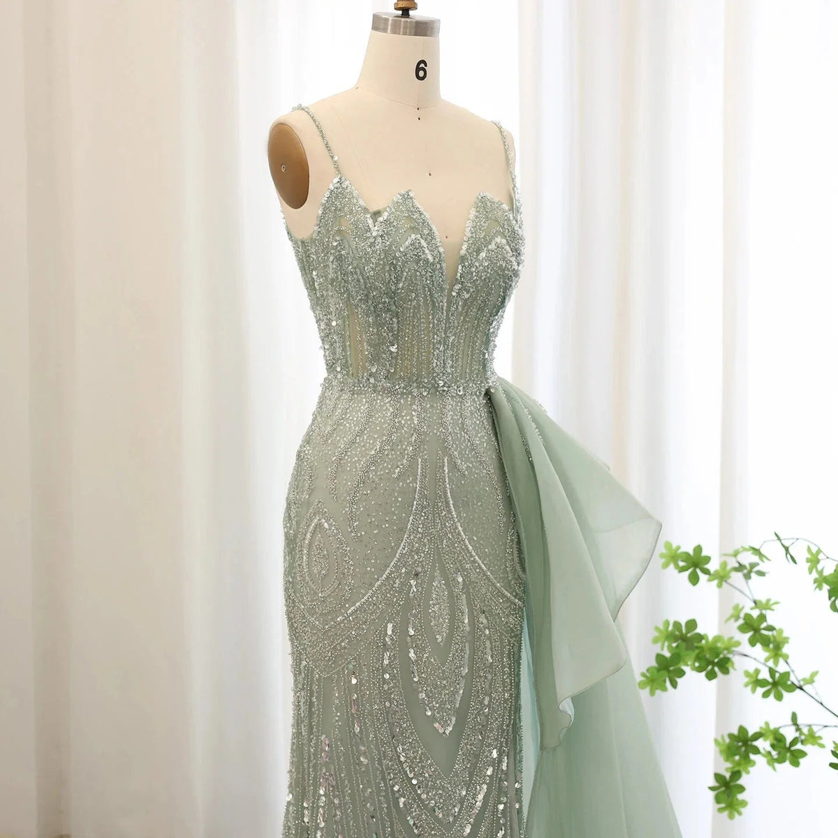 Spaghetti Straps Sage Green Mermaid Evening Dress with Overskirt Side Slit Blue Dubai Women Wedding Party Gown SS216