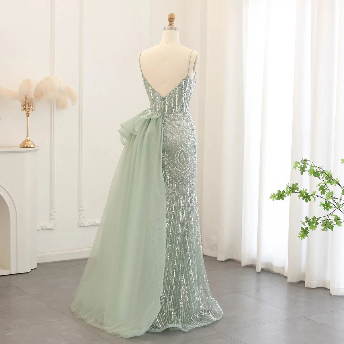Spaghetti Straps Sage Green Mermaid Evening Dress with Overskirt Side Slit Blue Dubai Women Wedding Party Gown SS216