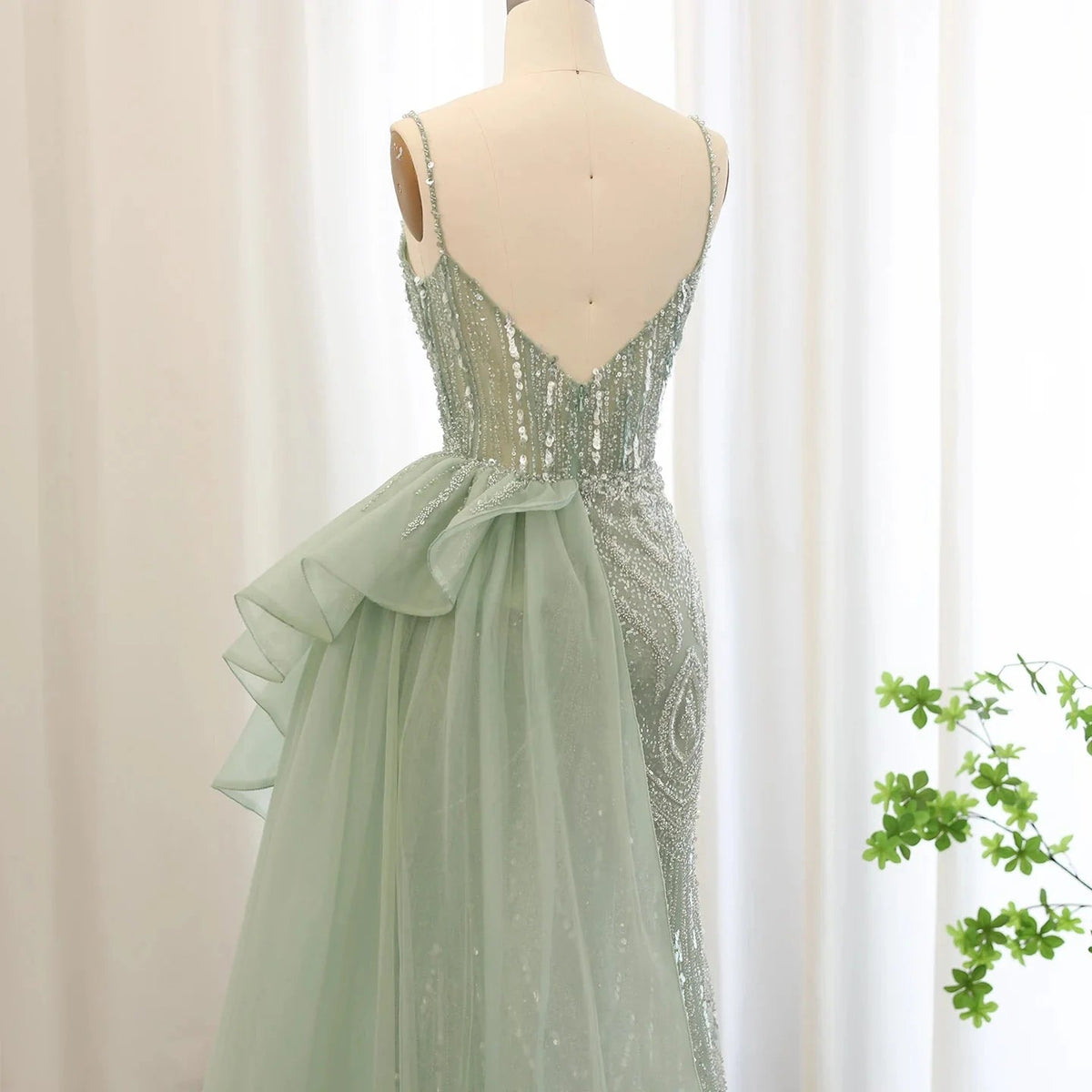 Spaghetti Straps Sage Green Mermaid Evening Dress with Overskirt Side Slit Blue Dubai Women Wedding Party Gown SS216