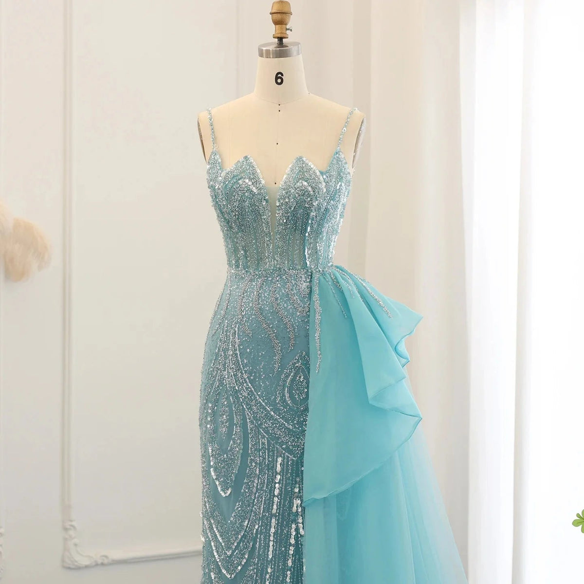 Spaghetti Straps Sage Green Mermaid Evening Dress with Overskirt Side Slit Blue Dubai Women Wedding Party Gown SS216