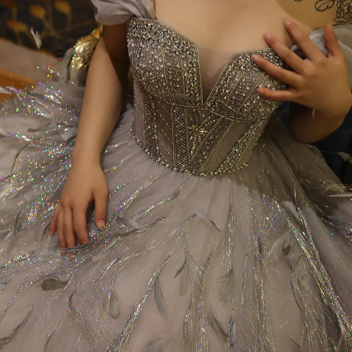 Sparkling Silver Tassel Ball Gown Luxury Dubai Princess Evening Dresses for Women Engagement Wedding Party Gowns SS534