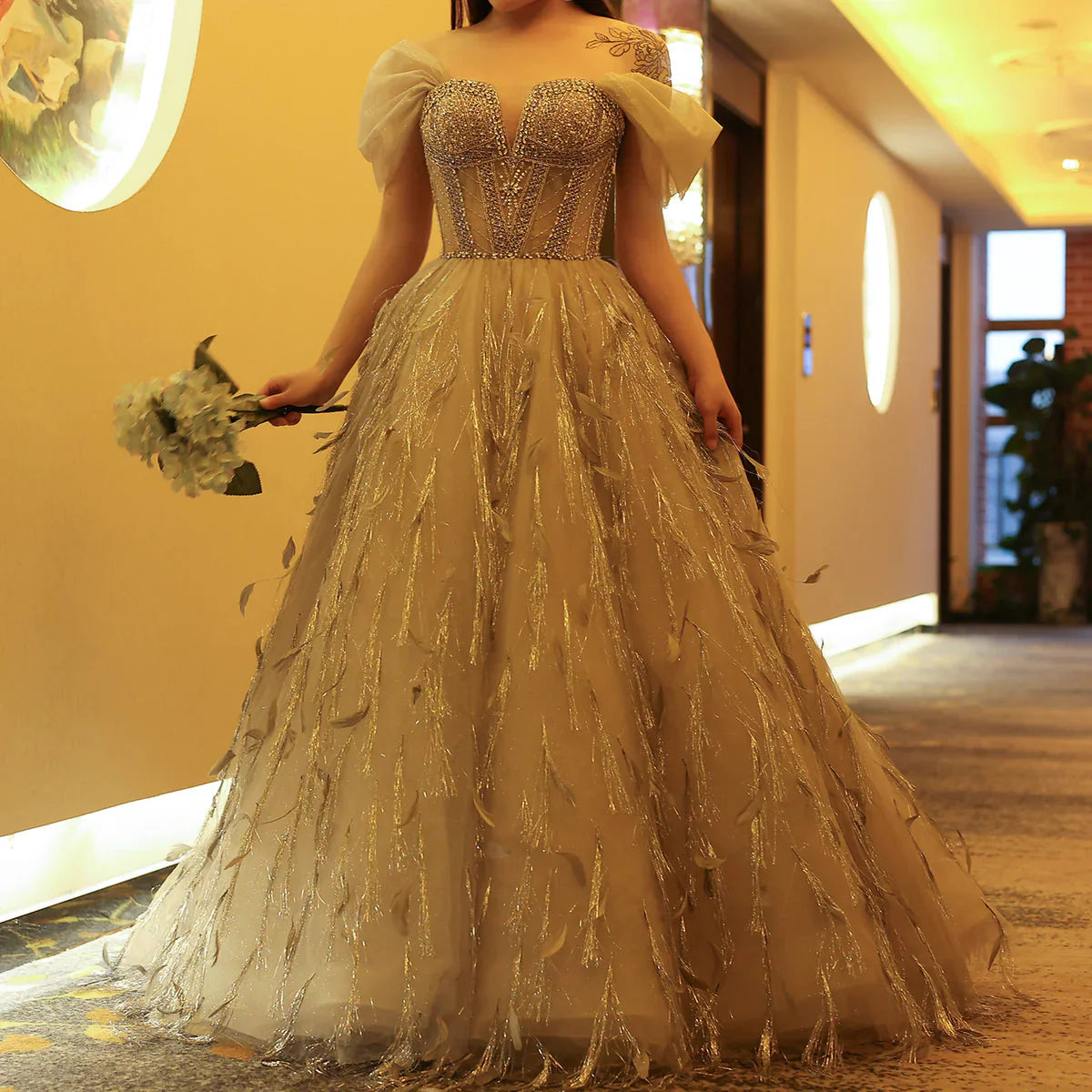 Sparkling Silver Tassel Ball Gown Luxury Dubai Princess Evening Dresses for Women Engagement Wedding Party Gowns SS534