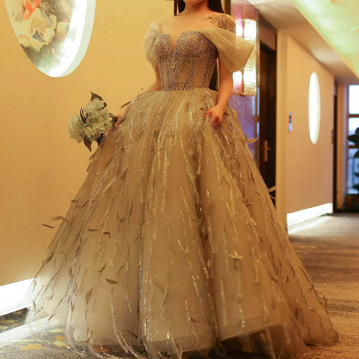 Sparkling Silver Tassel Ball Gown Luxury Dubai Princess Evening Dresses for Women Engagement Wedding Party Gowns SS534