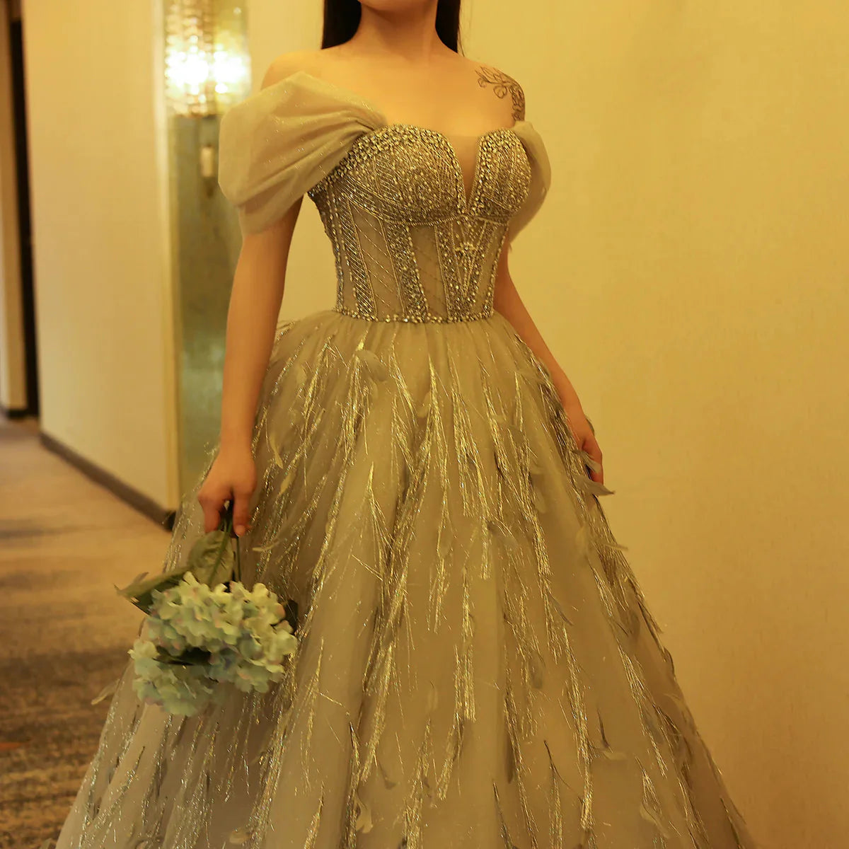 Sparkling Silver Tassel Ball Gown Luxury Dubai Princess Evening Dresses for Women Engagement Wedding Party Gowns SS534
