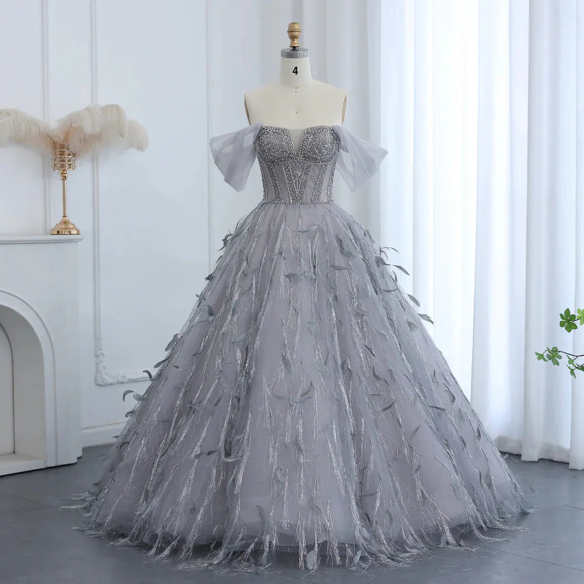 Sparkling Silver Tassel Ball Gown Luxury Dubai Princess Evening Dresses for Women Engagement Wedding Party Gowns SS534