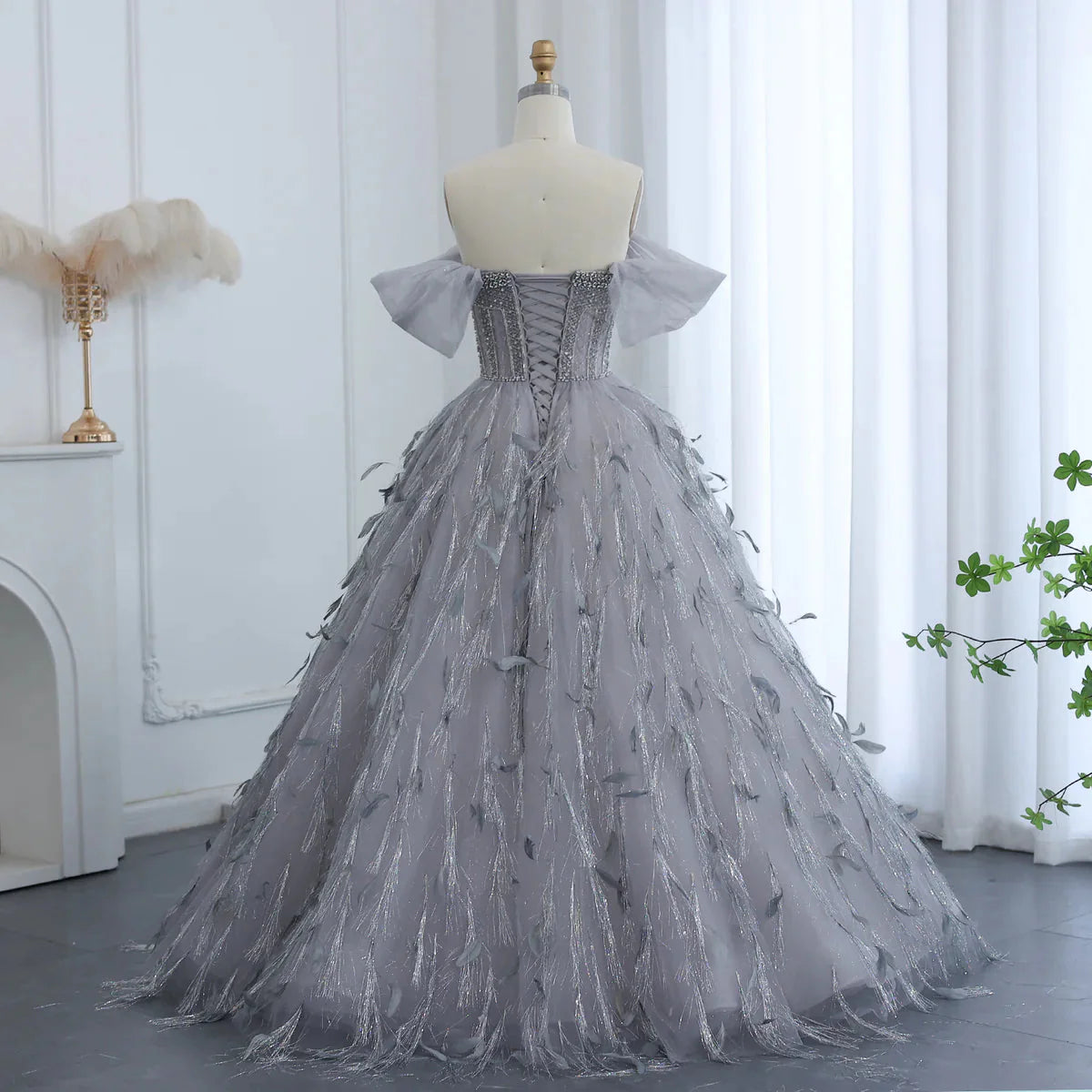 Sparkling Silver Tassel Ball Gown Luxury Dubai Princess Evening Dresses for Women Engagement Wedding Party Gowns SS534