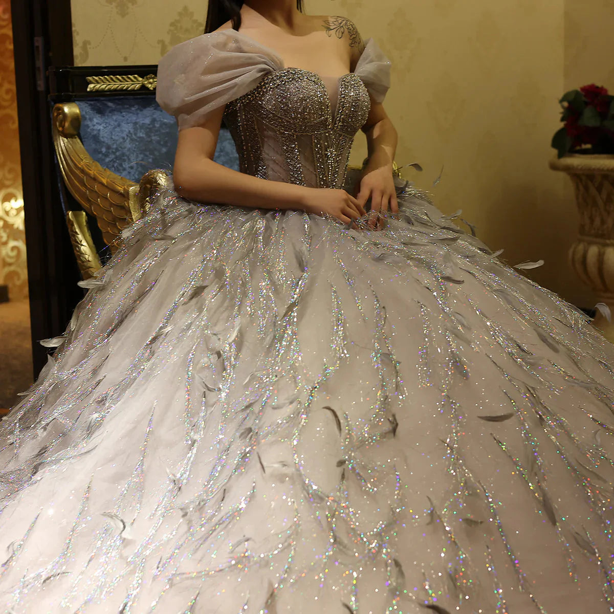 Sparkling Silver Tassel Ball Gown Luxury Dubai Princess Evening Dresses for Women Engagement Wedding Party Gowns SS534