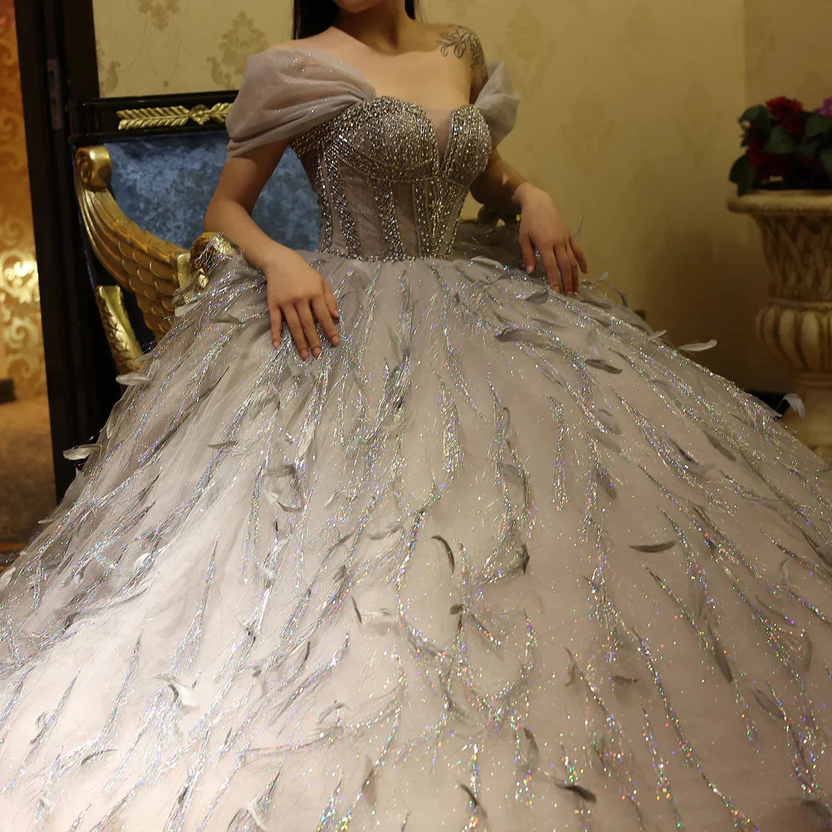 Sparkling Silver Tassel Ball Gown Luxury Dubai Princess Evening Dresses for Women Engagement Wedding Party Gowns SS534