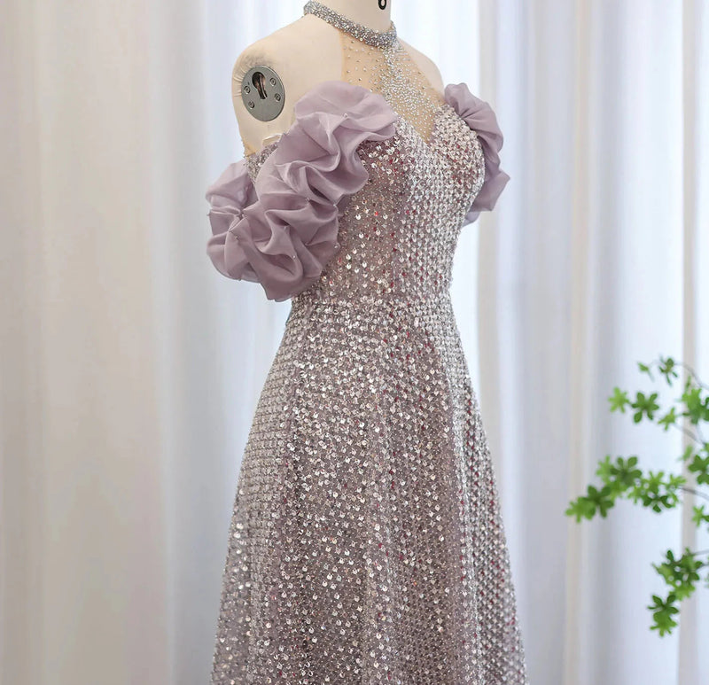 Sparkly Sequin Off Shoulder Purple Evening Dresses 2024 Elegant Crystal Formal Dress for Women Wedding Party SS507