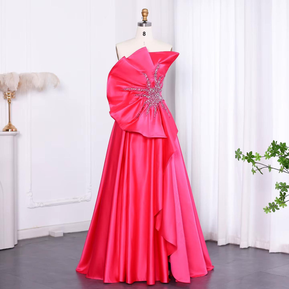 Stunning Scalloped Fuchsia Satin Evening Dress with Slit SS581