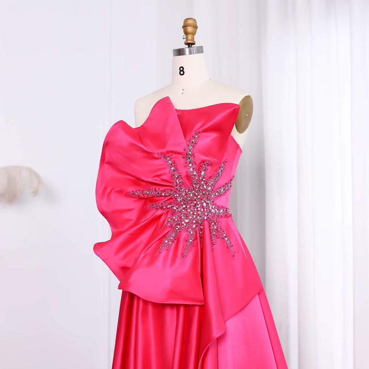 Stunning Scalloped Fuchsia Satin Evening Dress with Slit SS581
