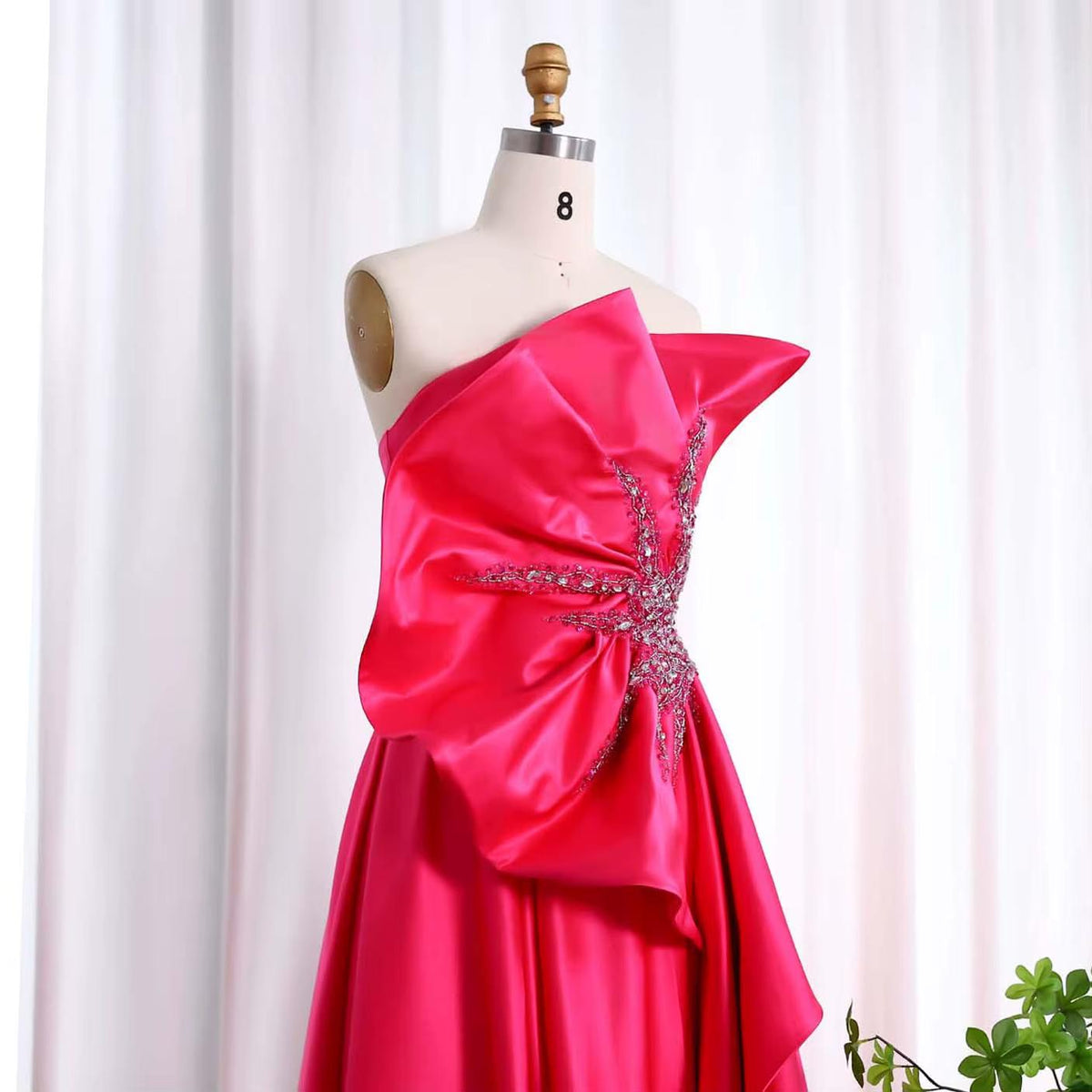 Stunning Scalloped Fuchsia Satin Evening Dress with Slit SS581