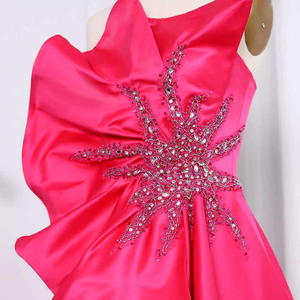 Stunning Scalloped Fuchsia Satin Evening Dress with Slit SS581