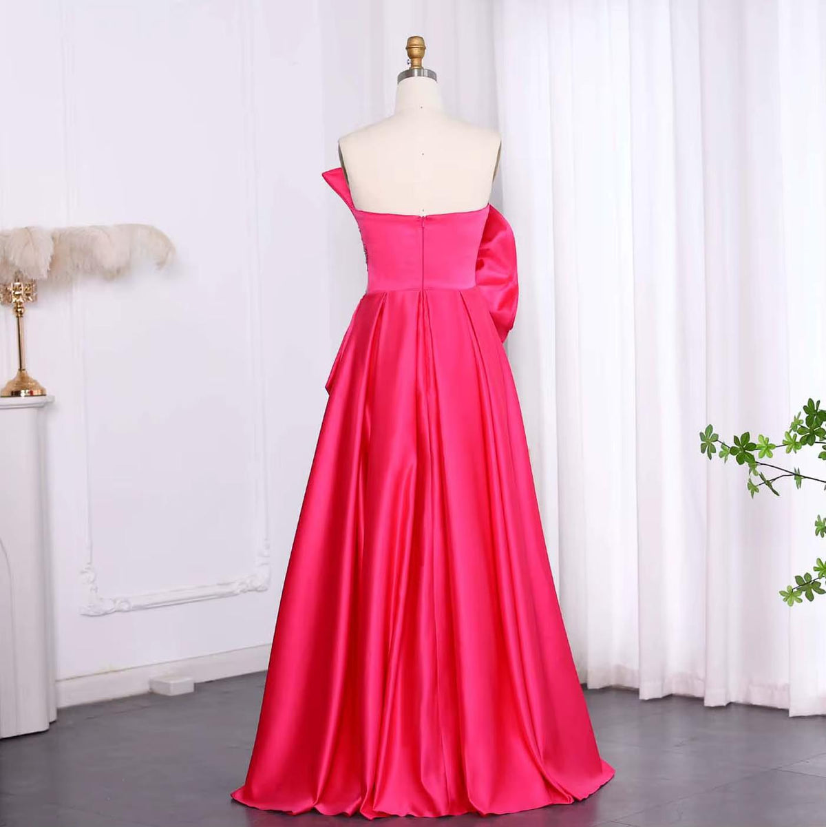 Stunning Scalloped Fuchsia Satin Evening Dress with Slit SS581