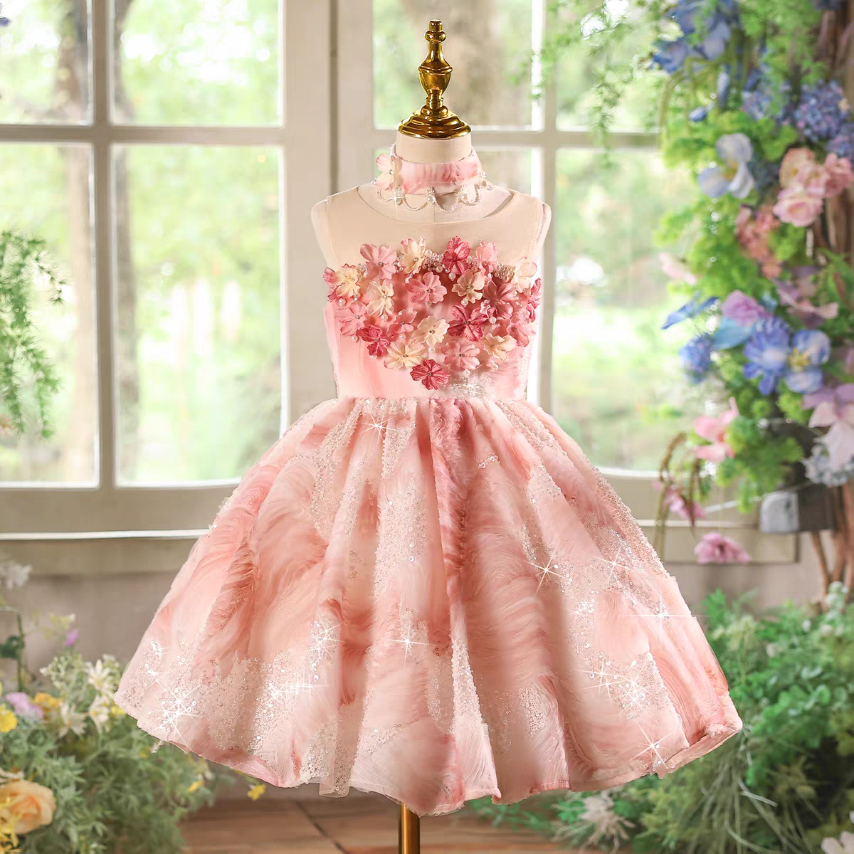 Floral Girl Dress Tea Length Princess Pageant Birthday Gown In Pink J849