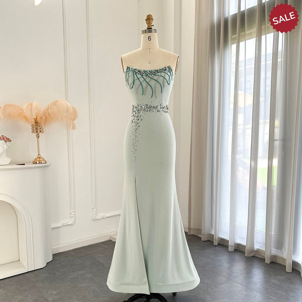 Turquoise Crystal Luxury Dubai Evening Dress for Women Wedding Party Elegant Long Mermaid Formal Prom Dresses SS331
