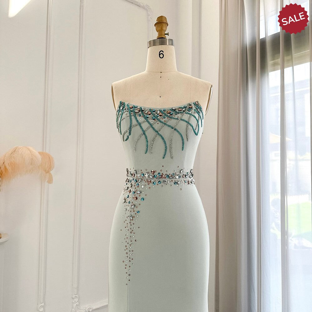 Turquoise Crystal Luxury Dubai Evening Dress for Women Wedding Party Elegant Long Mermaid Formal Prom Dresses SS331