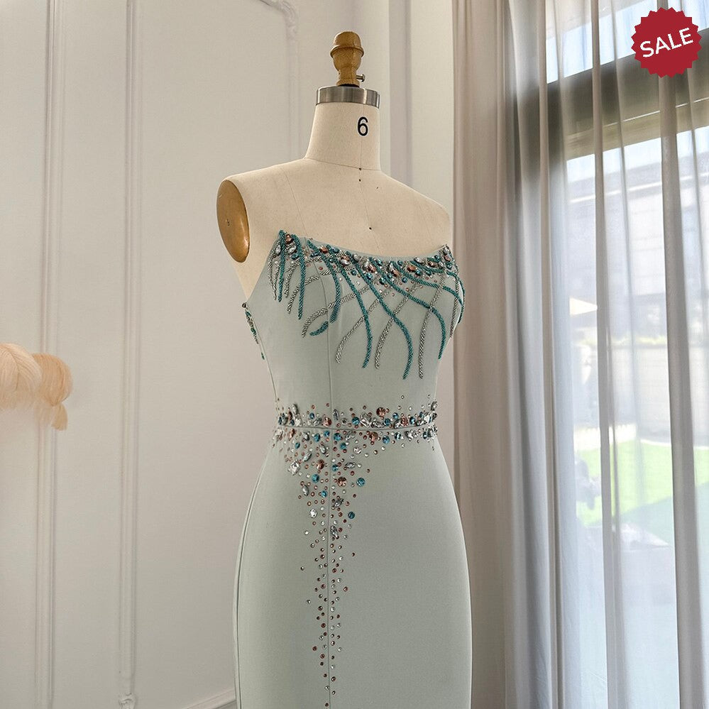 Turquoise Crystal Luxury Dubai Evening Dress for Women Wedding Party Elegant Long Mermaid Formal Prom Dresses SS331