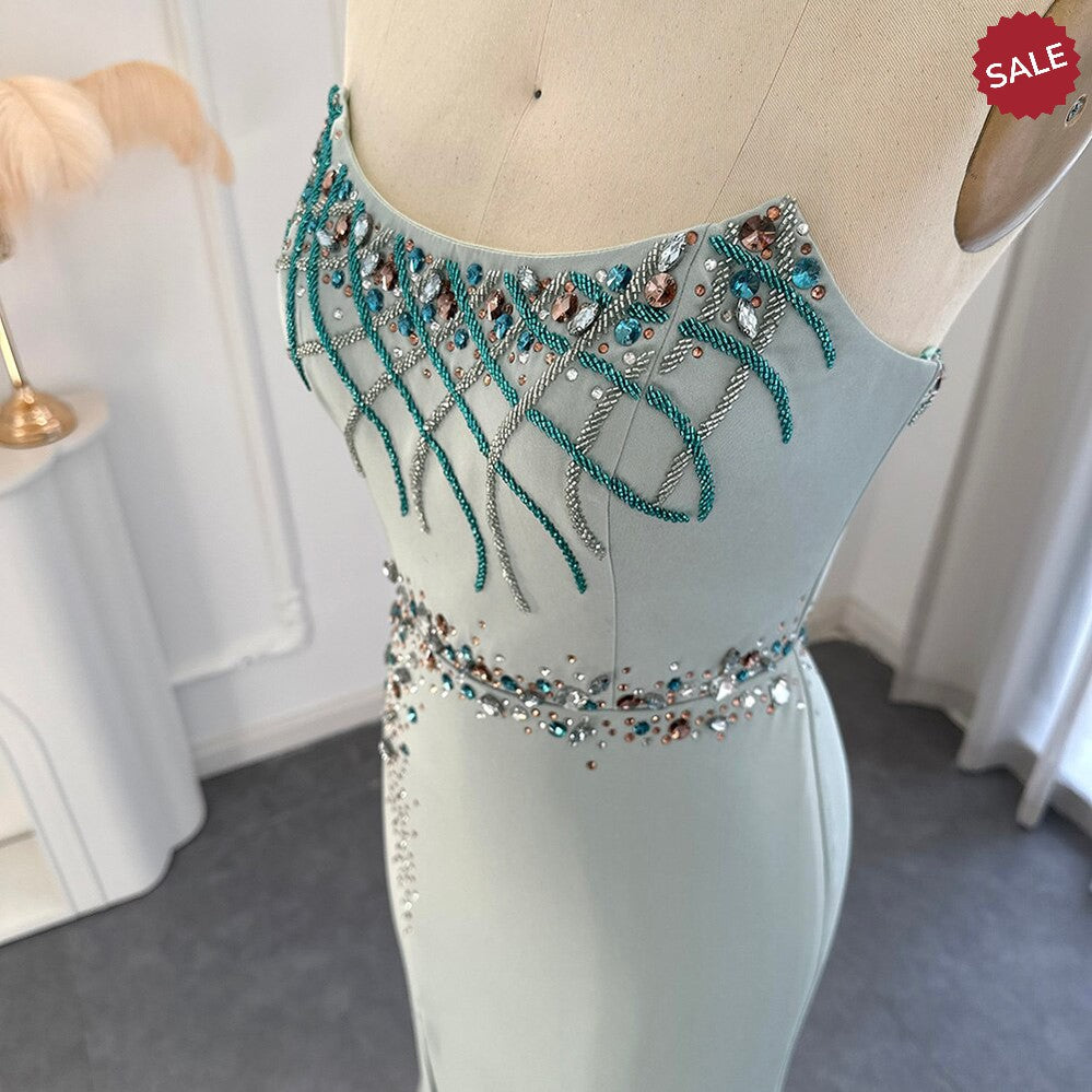 Turquoise Crystal Luxury Dubai Evening Dress for Women Wedding Party Elegant Long Mermaid Formal Prom Dresses SS331