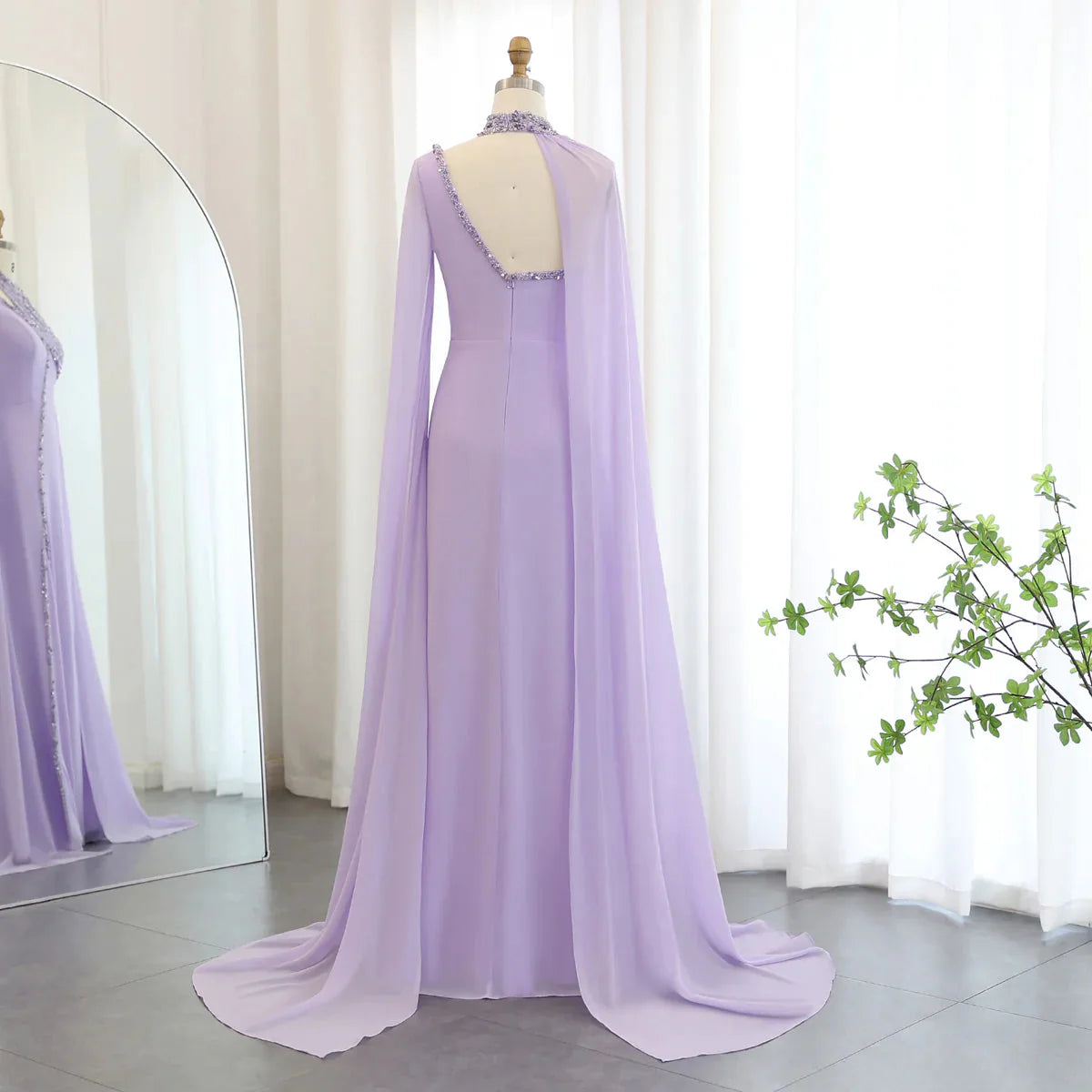 Turquoise Green Chiffon Dubai Evening Dress with Cape Sleeves Luxury Beaded Arabic Women Wedding Party Gowns SS474