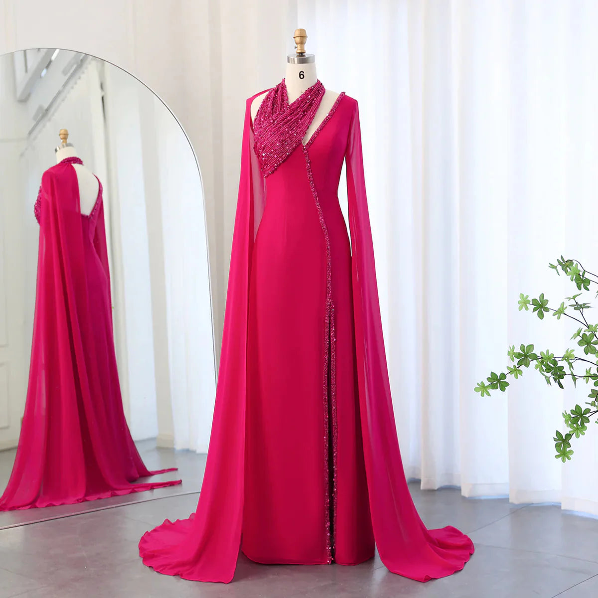 Turquoise Green Chiffon Dubai Evening Dress with Cape Sleeves Luxury Beaded Arabic Women Wedding Party Gowns SS474
