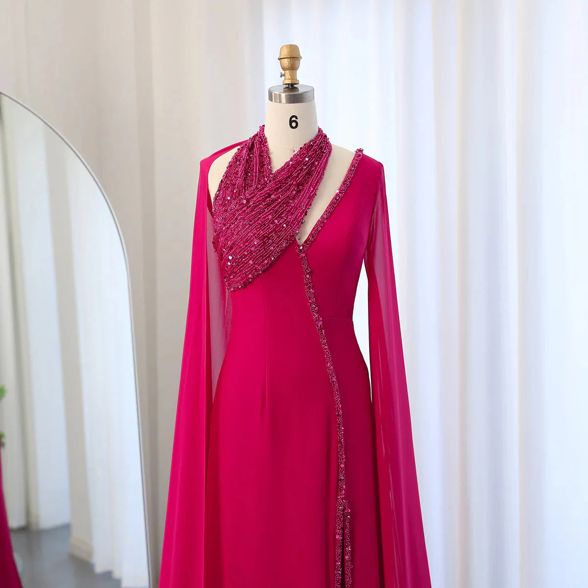 Turquoise Green Chiffon Dubai Evening Dress with Cape Sleeves Luxury Beaded Arabic Women Wedding Party Gowns SS474