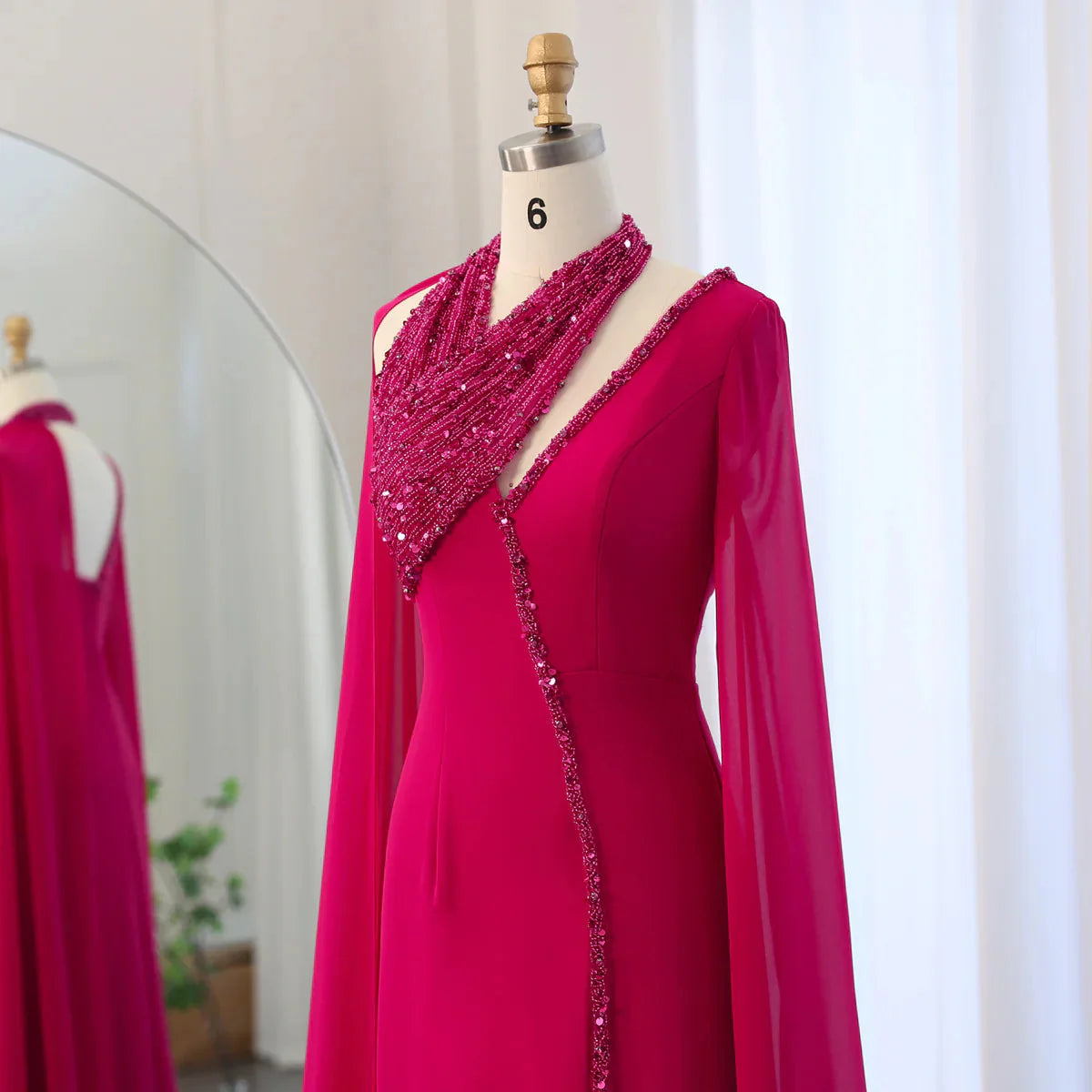 Turquoise Green Chiffon Dubai Evening Dress with Cape Sleeves Luxury Beaded Arabic Women Wedding Party Gowns SS474