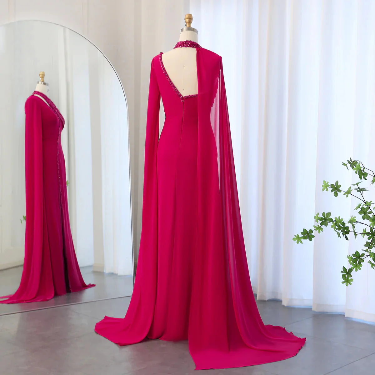 Turquoise Green Chiffon Dubai Evening Dress with Cape Sleeves Luxury Beaded Arabic Women Wedding Party Gowns SS474