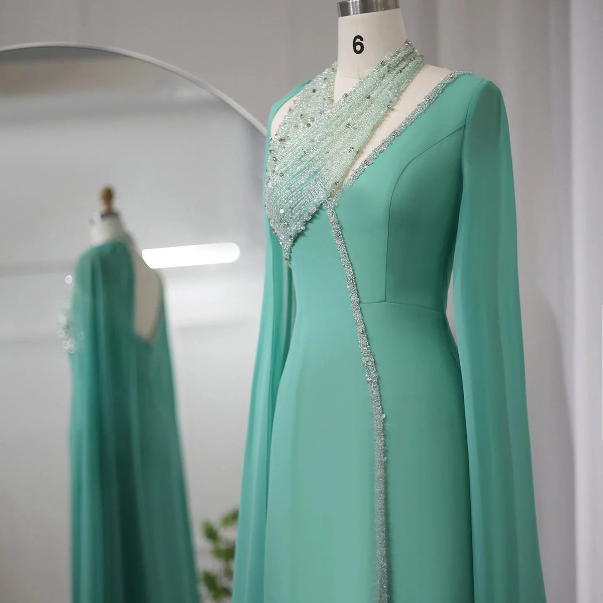 Turquoise Green Chiffon Dubai Evening Dress with Cape Sleeves Luxury Beaded Arabic Women Wedding Party Gowns SS474