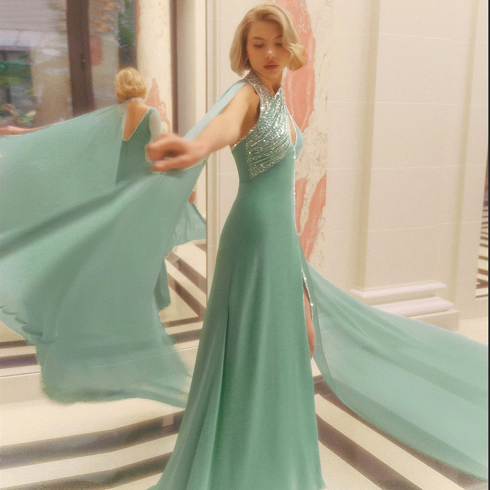 Turquoise Green Chiffon Dubai Evening Dress with Cape Sleeves Luxury Beaded Arabic Women Wedding Party Gowns SS474