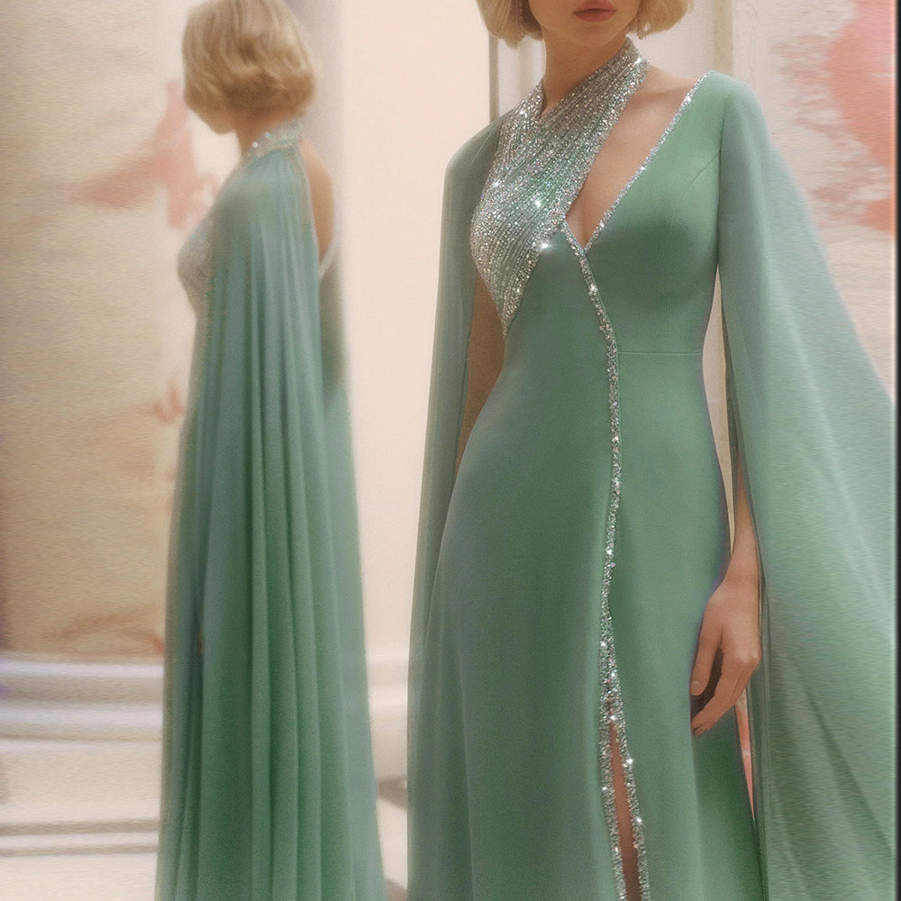 Turquoise Green Chiffon Dubai Evening Dress with Cape Sleeves Luxury Beaded Arabic Women Wedding Party Gowns SS474