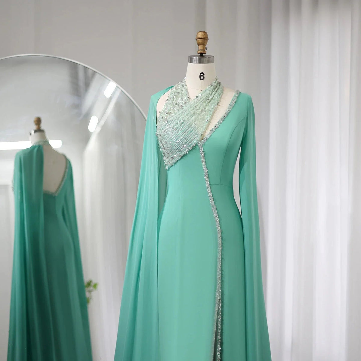 Turquoise Green Chiffon Dubai Evening Dress with Cape Sleeves Luxury Beaded Arabic Women Wedding Party Gowns SS474