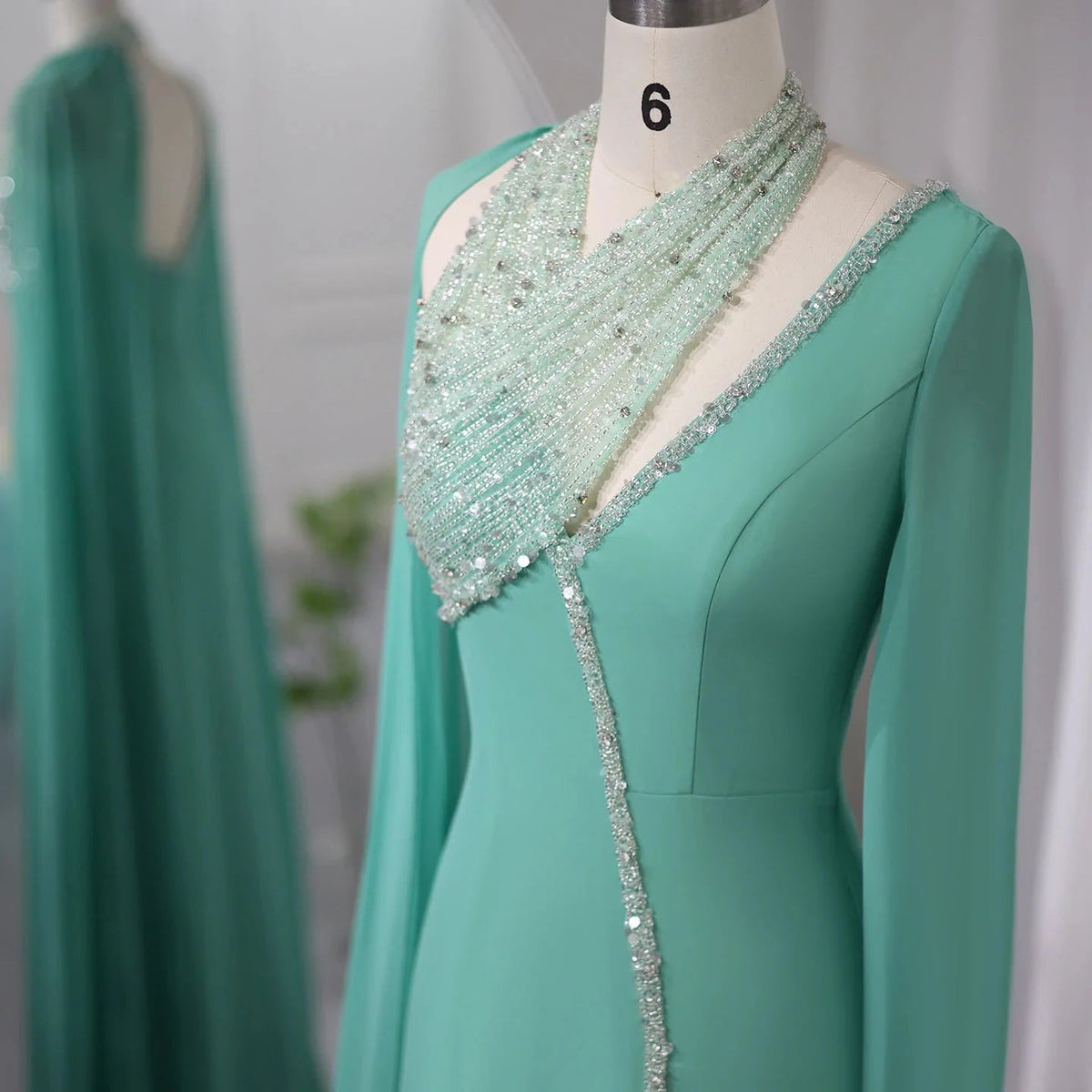 Turquoise Green Chiffon Dubai Evening Dress with Cape Sleeves Luxury Beaded Arabic Women Wedding Party Gowns SS474
