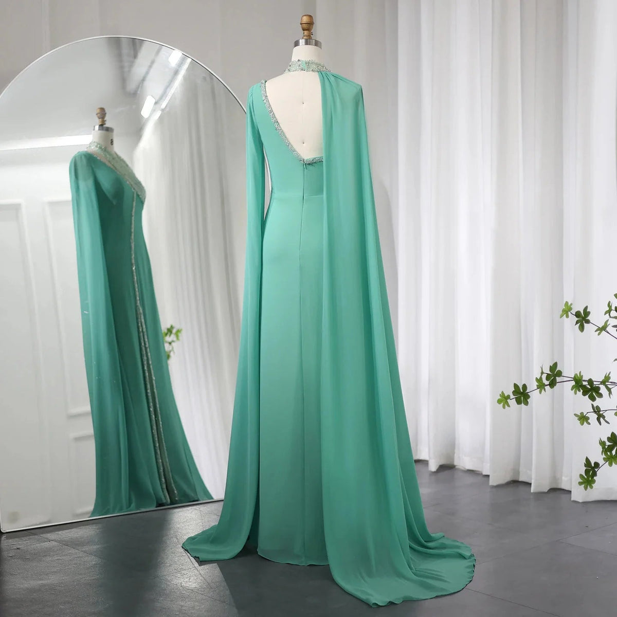 Turquoise Green Chiffon Dubai Evening Dress with Cape Sleeves Luxury Beaded Arabic Women Wedding Party Gowns SS474